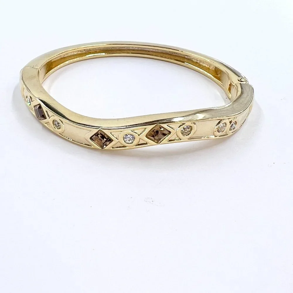 Brown & Clear Gemstone Gold Tone Hinged Cuff Magnetic Closure Bracelet - Picture 2 of 6
